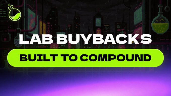 The image features a purple background with white text, which reads "Lab Buybacks Built To Compound". The text is accompanied by an illustration of a city skyline at night, creating a contrast between the urban setting and the digital world represented by the Lab Buyback program.