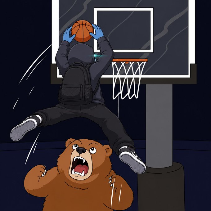 A hooded figure dunks a basketball over a roaring bear, symbolizing triumph over bearish skeptics—mirroring the post's message that $CATE holders who were once mocked as "delusional" for believing in the coin's billion-dollar potential are now proving doubters wrong, just like the baller soaring above the bear.