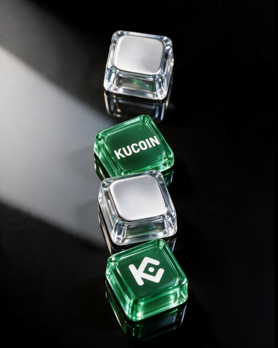 Four glass cube-shaped keycaps are arranged in a diagonal line on a glossy black surface, alternating between clear caps with white tops and translucent green caps—one displaying "KUCOIN" and another featuring the KuCoin logo—visually echoing the post's metaphor of "keys to a profitable portfolio" through the use of keyboard keys to represent the cryptocurrency exchange platform.