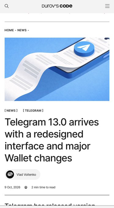 A mobile view of a Durov's Code article headlined 'Telegram 13.0 arrives with a redesigned interface and major Wallet changes' by Vlad Voltenko, dated 9 Oct, 2026.