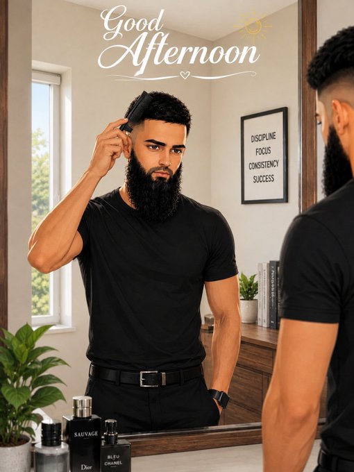 Illustration of a bearded man combing his hair in a mirror with 'Good Afternoon' text overhead and a framed poster reading 'DISCIPLINE FOCUS CONSISTENCY SUCCESS,' with cologne bottles labeled 'SAUVAGE' and 'BLEU CHANEL' on the counter.