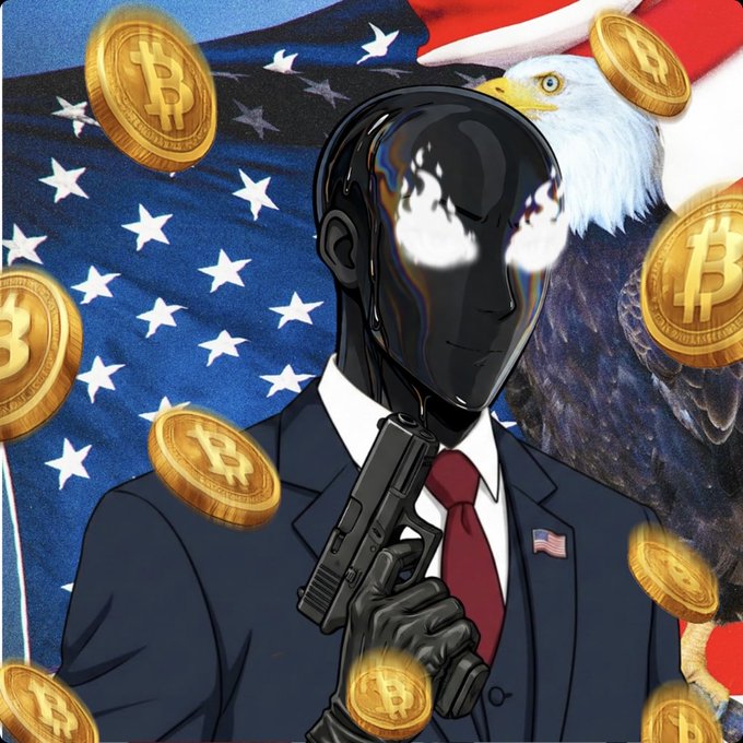 A stylized digital illustration featuring a faceless figure in a suit with glowing white eyes holding a gun, surrounded by floating Bitcoin coins against an American flag and bald eagle backdrop.