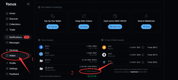 The image shows the dashboard of the Focus.xyz crypto platform, with red circles highlighting the "Wallet" menu option on the left sidebar and a balance of approximately $18,154 at the bottom center, illustrating the withdrawal/wallet step described in the post for cashing out unlocked tokens to DESO via Gate.io.