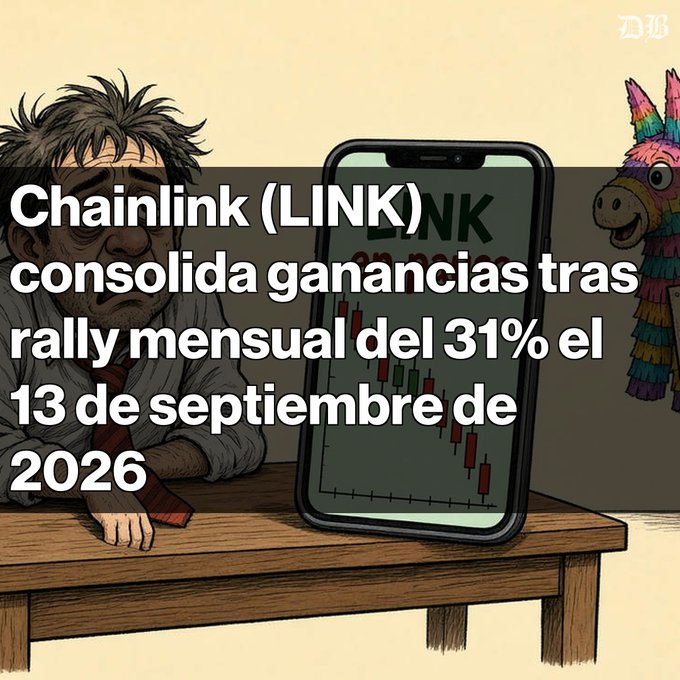 A cartoon illustration of a tired-looking man at a desk next to a phone displaying a price chart, with overlaid Spanish text: 'Chainlink (LINK) consolida ganancias tras rally mensual del 31% el 13 de septiembre de 2026.'