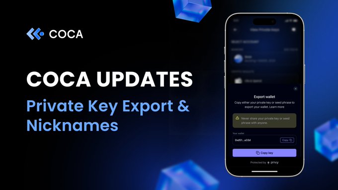 A COCA wallet promotional graphic announces 'COCA UPDATES: Private Key Export & Nicknames', showing a smartphone screen with the 'Export wallet' interface and 'Copy Key' button.