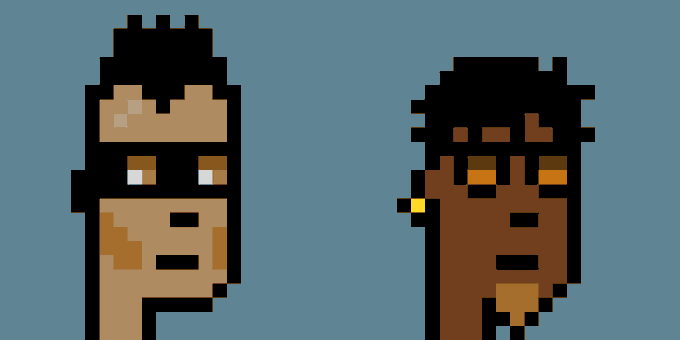 Pixel art depicting two cartoon figures against a blue background — one with a crown wearing a hoodie and the other with an earring, both with simplistic facial features.