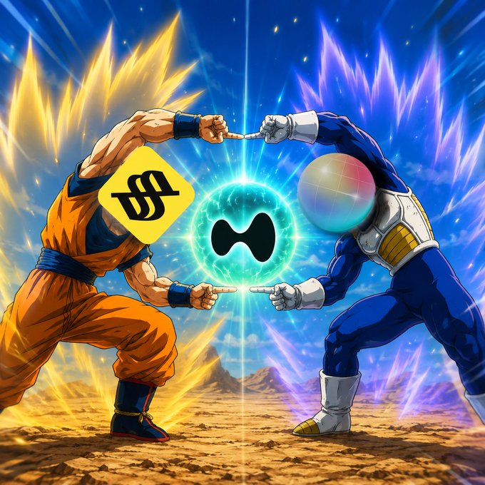 A dramatic clash between a Dragon Ball-style Super Saiyan warrior representing Uniswap (UNI) and a Vegeta-like Saiyan representing Solana (SOL) touching fingers in a fusion pose, capturing the "GM" spirit of the Solana community celebrating the Uniswap x Solana collaboration.
