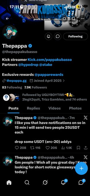 X/Twitter profile page for verified user @thepappakubasso (Thepappa), a Kick streamer with 7.9K followers promoting a 25USDT giveaway.