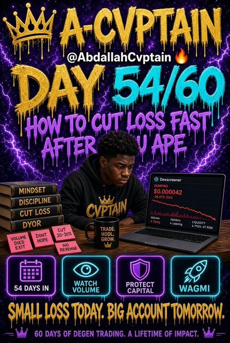 A promotional graphic for 'A-CVPTAIN' (@AbdallahCvptain) Day 54/60 titled 'How To Cut Loss Fast After You Ape,' featuring trading-related tips and a young man at a laptop showing a -26.67% loss.