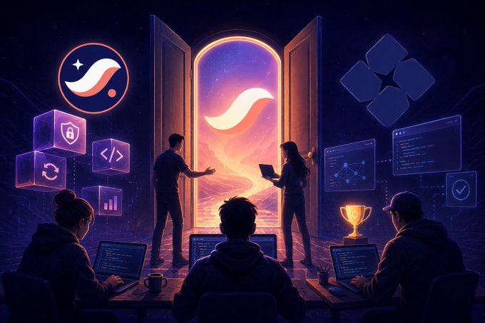 A digital illustration showing developers working at laptops while two people stand before glowing doors marked with cryptocurrency logos, including what appears to be a wormhole or bridge token.