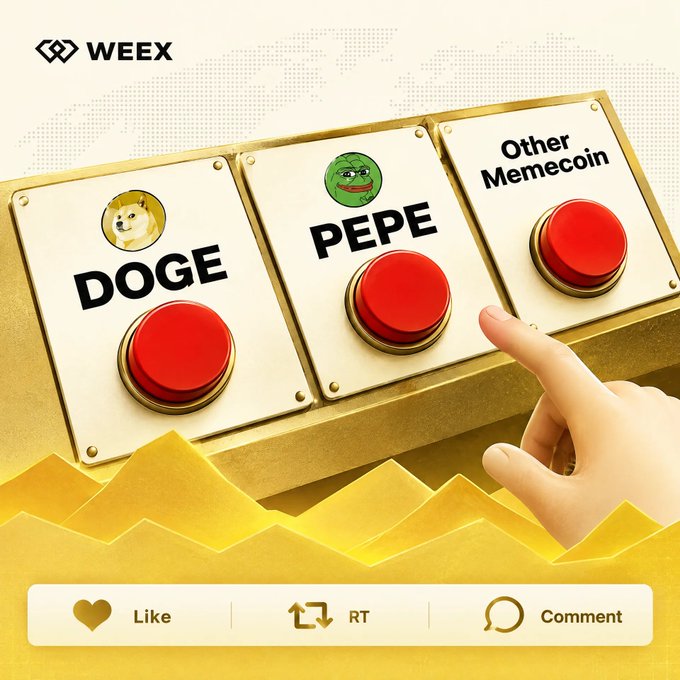 A hand hovers over a gold control panel with three red buttons labeled "DOGE" (with the Doge dog icon), "PEPE" (with the Pepe frog icon), and "Other Memecoin," illustrating the choice between meme cryptocurrencies. The WEEX logo appears at the top, and social engagement options (Like, RT, Comment) are shown below, tying into the post's question of choosing between DOGE and PEPE.