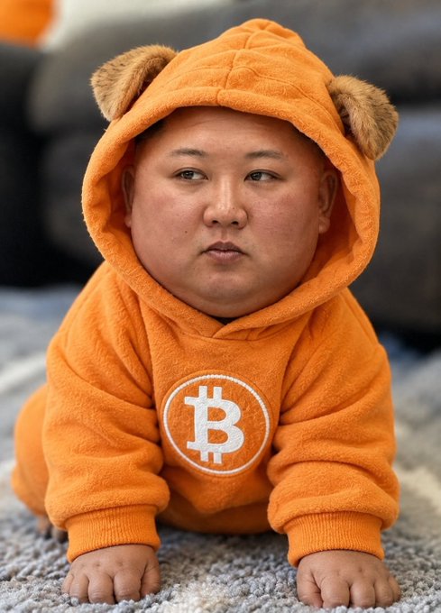 A digital illustration of an adorable baby in an orange bear-ear hooded onesie with a Bitcoin logo on the chest, positioned on a gray rug.