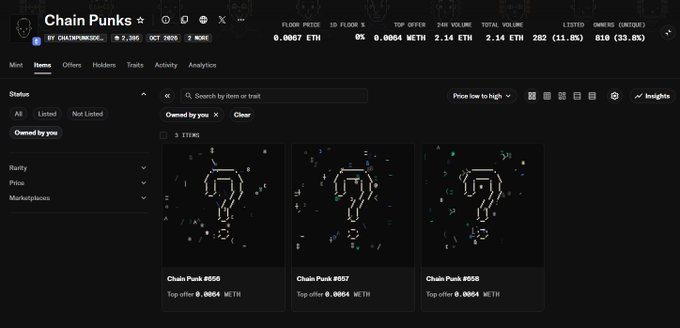 A screenshot of the OpenSea website displaying the 'Chain Punks' NFT collection page, with the floor price showing 0.0067 ETH and three pixel-art style punk items visible.