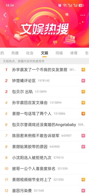 A Chinese entertainment hot search list (文娱热搜) showing trending topics, with entries like '孙宇晨发了一个币我的女友景甜' and '景甜一句话骂了两个人' ranking among the top spots.