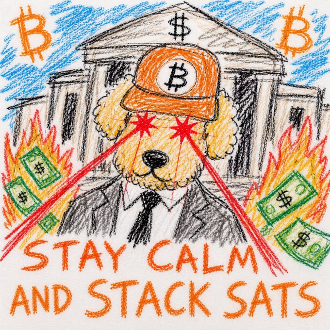 A colorful crayon-style drawing of a dog wearing a Bitcoin cap with laser eyes, in front of the Federal Reserve building with money on fire, captioned 'STAY CALM AND STACK SATS.'