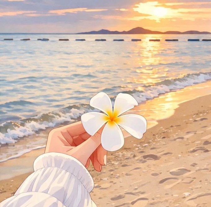 An illustrated scene of a hand holding a white and yellow plumeria flower against a sunset beach backdrop with gentle waves.
