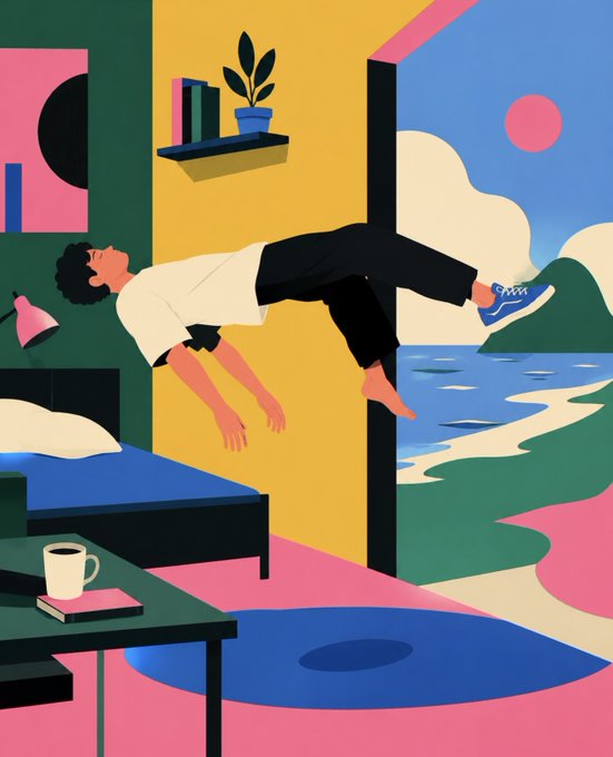 The image features a man doing a handstand against a yellow wall, with his feet raised high above him. The room has a bed, a coffee table, and several books scattered around. There are also two potted plants in the room - one on the left side of the picture and another near the center. The overall color scheme is predominantly yellow, pink, blue, green, and white.