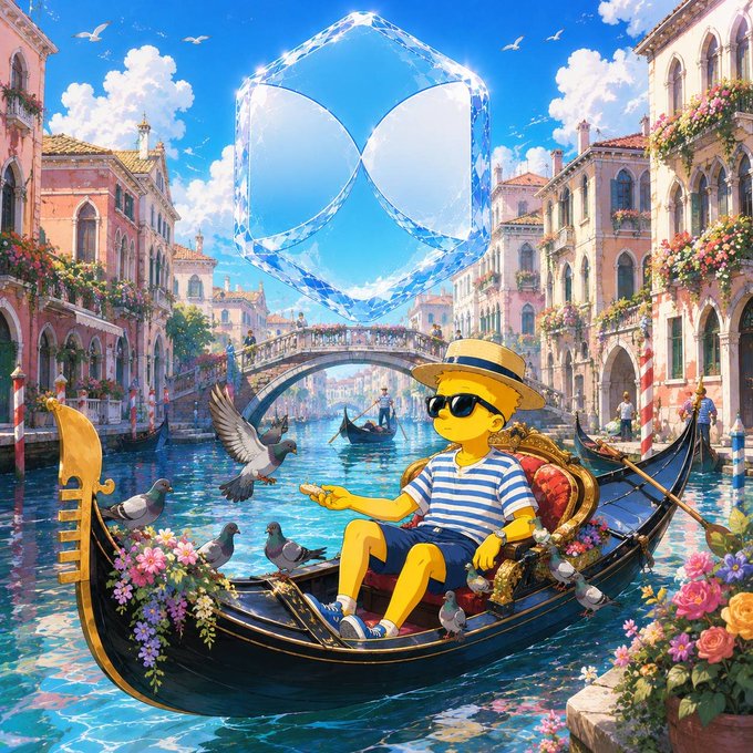 An AI-generated illustration of a yellow cartoon character wearing a straw hat and sunglasses, sitting in a Venetian gondola with pigeons, beneath a glowing blue crystal-like symbol, set against a Venice canal backdrop.