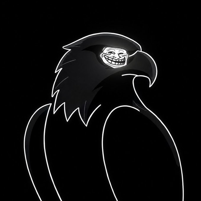 In the image, there's an illustration of a bird facing towards the right side against a black background. It appears to be made with a pencil or some kind of drawing material. Beneath the bird is text that reads "$troll eyes". This gives the appearance of someone making a mean face as if they're a fake troll imitating an eagle's facial expression, which further emphasizes the humorous and unusual nature of the post.