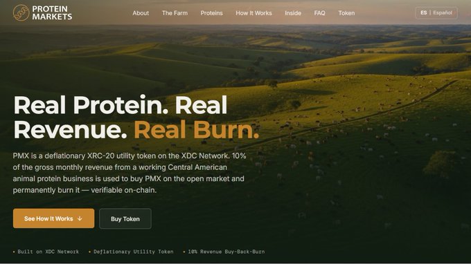 The image features a website called Protein Markets that sells real-protein token burns for farming businesses. The title of the post includes information about real protein, PMX network, and trading. The website appears to offer an alternative way to invest in protein production using token burns. It seems to be centered around this idea of utilizing real protein as a means of powering token burns for the farm.