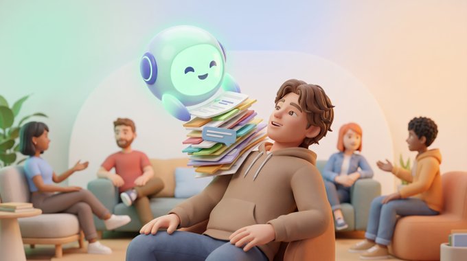 A 3D-rendered illustration of a young man balancing a tall stack of books and folders on his shoulder while a small, smiling robot floats overhead, with other people sitting in a lounge setting around him.