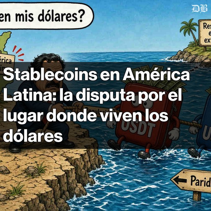 A cartoon illustration depicting a tug-of-war over a wallet labeled 'USDT', with Spanish text reading 'Stablecoins en América Latina: la disputa por el lugar donde viven los dólares' and signs pointing to 'Parid'.