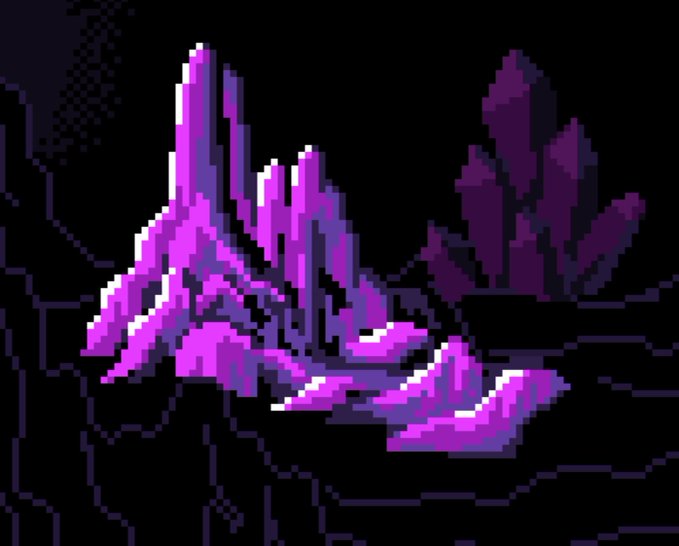 A pixel art illustration features jagged purple crystals glowing against a dark cave background with rocky silhouettes.