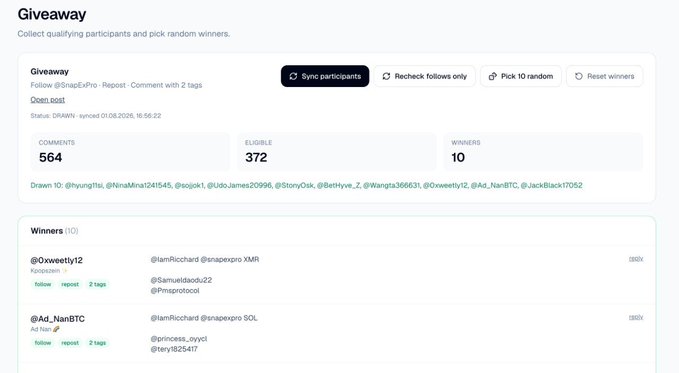A screenshot of a Giveaway interface showing 564 comments, 372 eligible participants, and 10 randomly selected winners from a Follow, Repost, and Comment with 2 tags contest by @IanRicchard and @snapexpro.