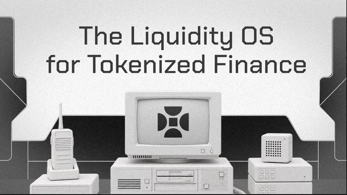 A grayscale promotional graphic reading 'The Liquidity OS for Tokenized Finance' featuring retro 3D models of a phone, computer, and speaker.