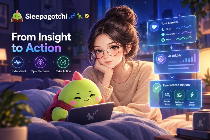 Promotional graphic for Sleepagotchi titled 'From Insight to Action' showing a woman with a green plush character, with sections labeled 'Your Signals,' 'AI Insights,' and 'Personalized Actions' (Better Sleep, Wellness Habits, More Energy).