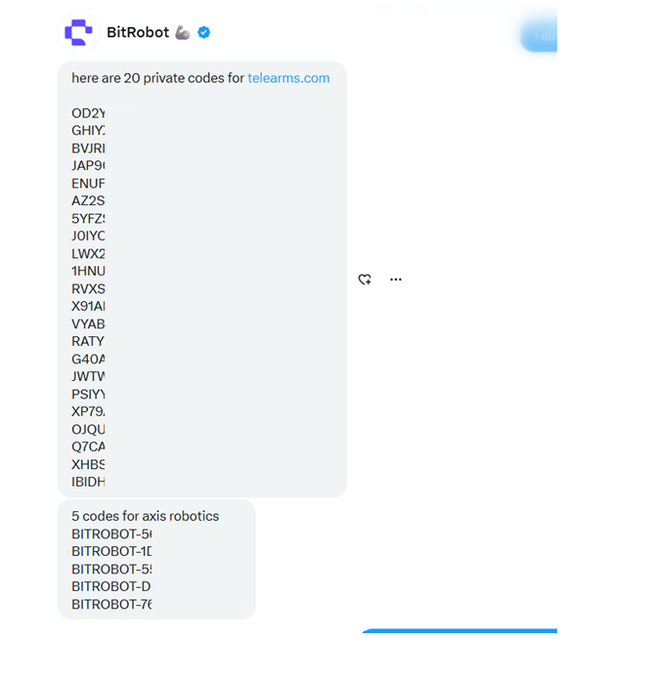 A screenshot of a Telegram message from BitRobot listing 20 private invite codes for "telearms.com" (e.g., OD2Y, GHIY, BVJRI, JAP9i) along with 5 BITROBOT codes for axis robotics (BITROBOT-5i, 1i, D, 7i), providing the access codes promised in the accompanying BitRobot × Axis Robotics giveaway post.