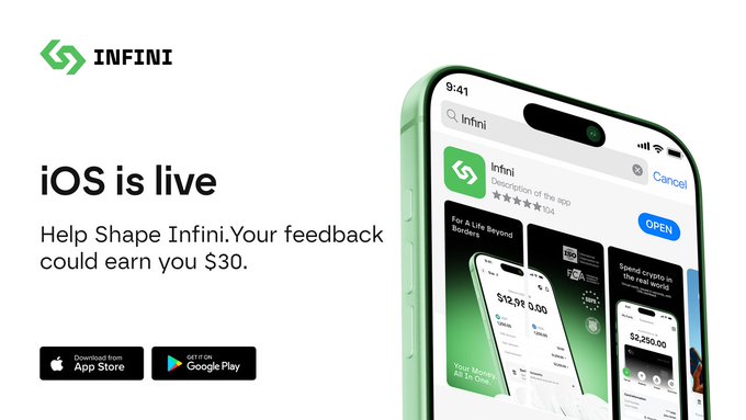 A promotional graphic for the Infini app announcement 'iOS is live' with text 'Help Shape Infini. Your feedback could earn you $30', showing the app on an iPhone and download links for App Store and Google Play.