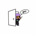 A cartoon doodle-style illustration of a small character peeking out from behind a door saying 'gm!'