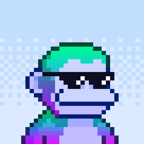 A pixelated, low-resolution image showing a figure with a gradient of blue, green, and purple colors, wearing a dark mask or visor with two white eye-like squares.