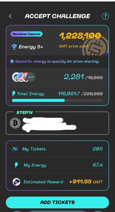 A screenshot of an 'ACCEPT CHALLENGE' screen showing a 'Rainbow Capsule' with a GMT prize pool of 1,228,100, requiring 5+ energy to qualify.