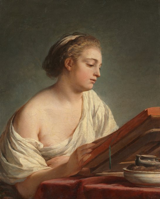A young woman with braided hair and a white off-the-shoulder blouse leans thoughtfully over a wooden reading desk, with ink and a quill nearby. The contemplative pose and tools of inscription mirror the post's theme of cryptographic verification, suggesting careful authorship and attestation—much like the zero-knowledge proofs now anchoring Verona's mainnet upgrade.