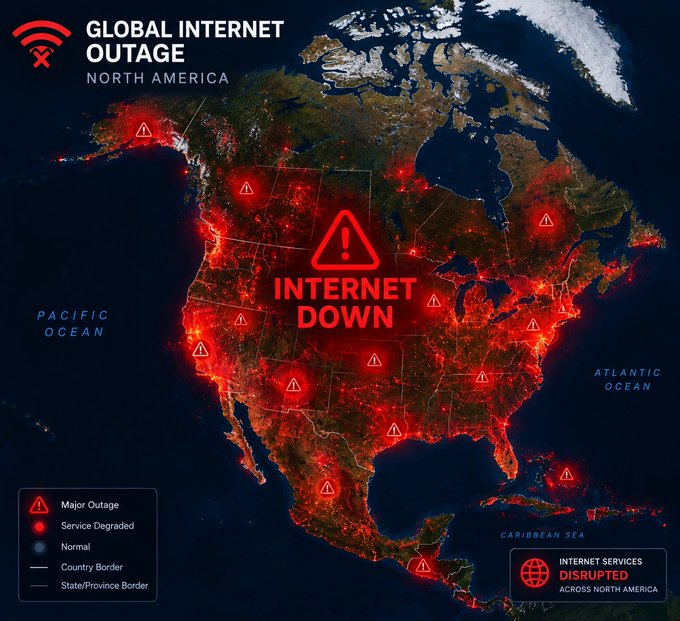 A dramatic global internet outage map shows red warning triangles and glowing hotspots scattered across North America, with a large central alert reading "INTERNET DOWN" and text indicating "GLOBAL INTERNET OUTAGE - NORTH AMERICA" and "INTERNET SERVICES DISRUPTED ACROSS NORTH AMERICA." The image visually reinforces the post's argument by illustrating the vulnerability of centralized internet infrastructure to widespread outages, highlighting why decentralized systems like Bitcoin—operating through global nodes across countries like Iran, Russia, South Africa, Argentina, and New Zealand—are more resilient than domestic banking servers.