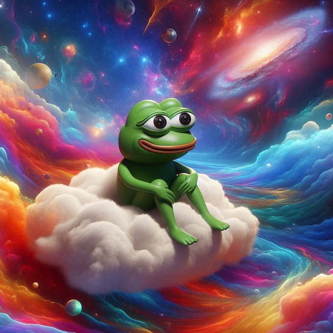 The image features a green frog sitting on top of a cloud with its arms and legs spread out. The cloud appears to be floating above a colorful, vibrant space filled with planets and stars. The background of the image is predominantly blue and purple, which creates an otherworldly atmosphere. The caption "Rise or fall, the vibe's eternal" suggests that the frog represents hope and resilience in the face of challenges, while the colorful space symbolizes the vastness and beauty of the universe.