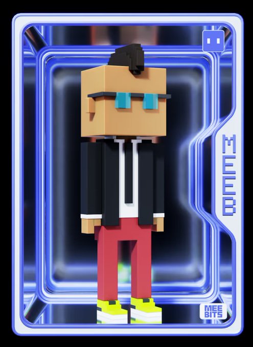 A 3D voxel-style character NFT card with a blue neon frame, labeled 'MEEBITS' with a 'CONNECT' tab on the right side, depicting a figure with cyan eyes, black jacket, red pants, and yellow/white sneakers.