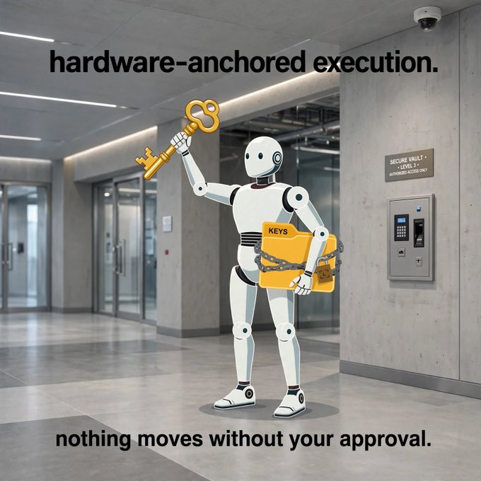 A humanoid robot holds up a large golden key in a secure vault corridor with the text 'hardware-anchored execution. nothing moves without your approval.'