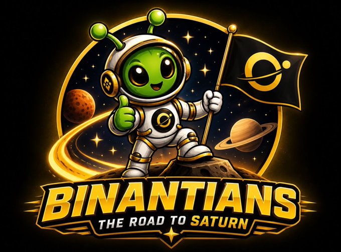 A logo graphic titled 'BINANTIANS - THE ROAD TO SATURN' featuring a green cartoon character in an astronaut suit holding a flag with a planet logo, set against a space background.