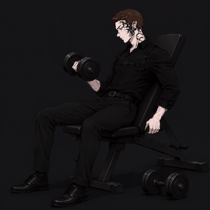 A digital illustration of a man with black markings on his face and neck lifting a dumbbell while seated on an adjustable bench, dressed in an all-black outfit.