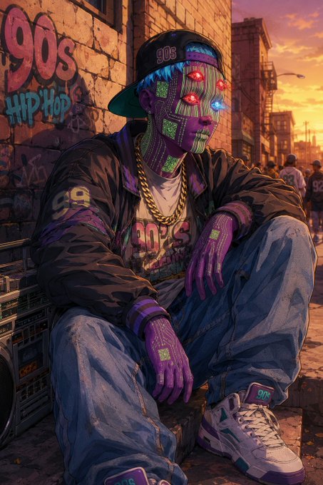 A digital illustration of a cyborg/robot character wearing a cap, chain necklace, and bomber jacket, sitting in an urban alleyway setting with graffiti reading '90S HIP HOP' on the brick wall behind.