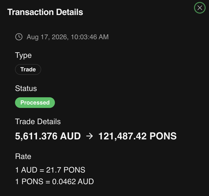 A transaction details screen confirms a processed trade on August 17, 2026, converting 5,611.376 AUD into 121,487.42 PONS at a rate of 1 AUD = 21.7 PONS, illustrating the dramatic price appreciation of the $PONS token referenced in the post.