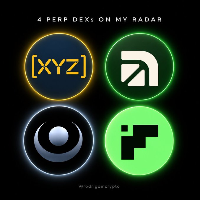 A social media graphic titled "4 PERP DEXs ON MY RADAR" displaying logos for XYZ, a green 'a' logo, an eye symbol, and an 'if' icon, credited to @rodrigomcrypto.