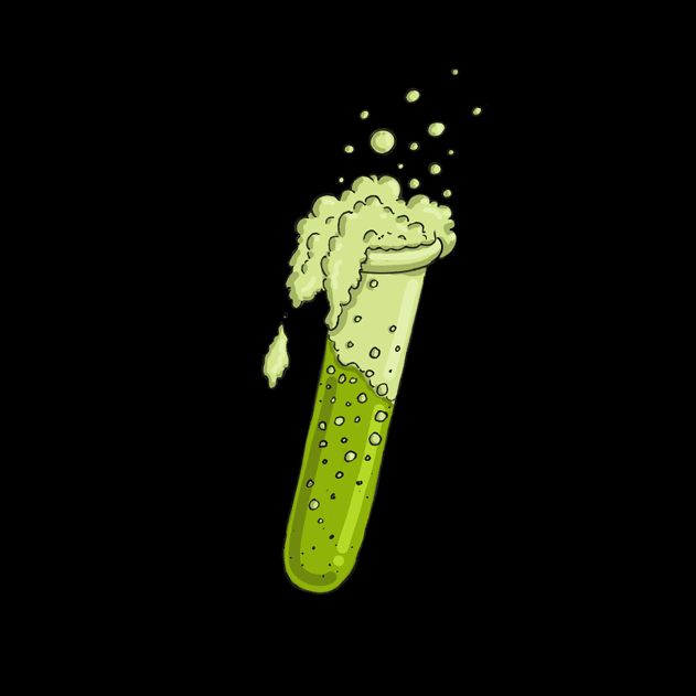 A digital illustration of a glowing green test tube filled with bubbling, frothy liquid against a black background, suggesting a science or chemistry theme.