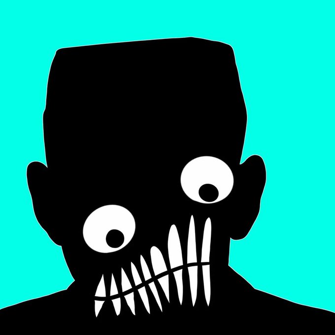 A stylized cartoon illustration of a black silhouette figure with large mismatched eyes and a wide toothy grin against a bright teal background.