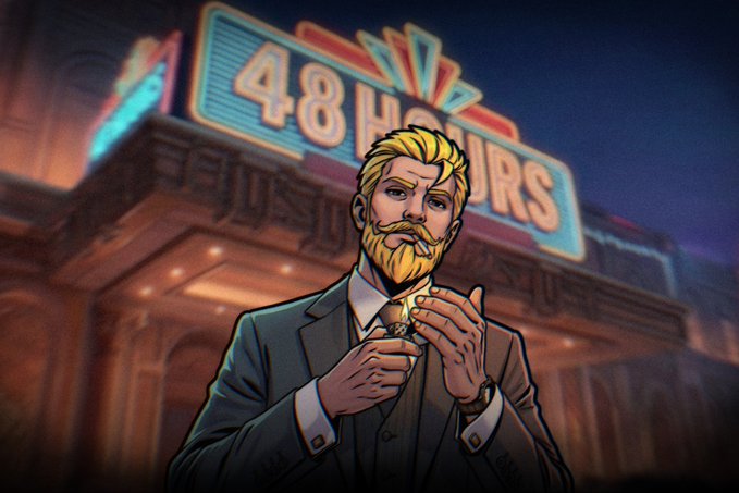 A cartoon-style illustration of a blonde, bearded man in a suit holding a glowing gold coin, standing in front of a '48 HOURS' casino-style building sign.