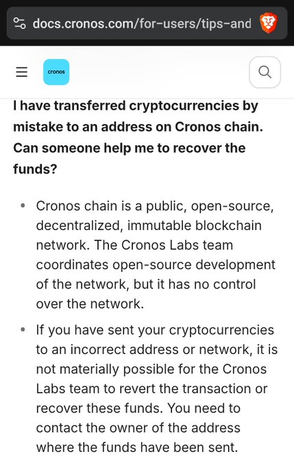 A mobile screenshot from docs.cronos.com explaining that mistakenly transferred cryptocurrencies on the Cronos chain cannot be recovered, as it is a decentralized immutable blockchain.