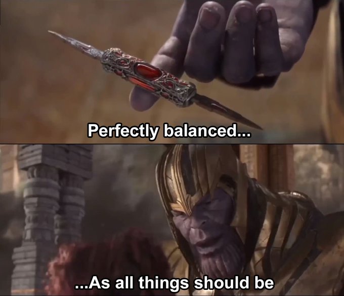 A meme featuring Thanos holding a dagger with the text "Perfectly balanced..." above and "...As all things should be" below, illustrating the post's point about the well-distributed token holdings of @SpaceRidersXYZ among its community.